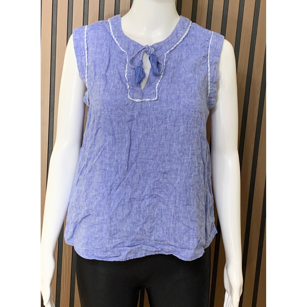Vineyard Vines Women's Blue 100% Linen Sleeveless Tassel Tie Neck Blouse Size S